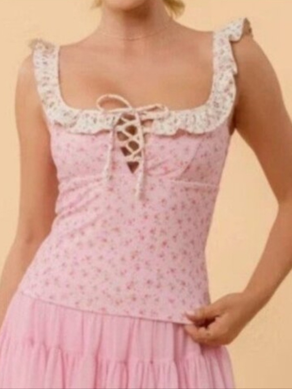 Blogilates Women's Pink Floral Lace-Up Ruffle Tank Top -